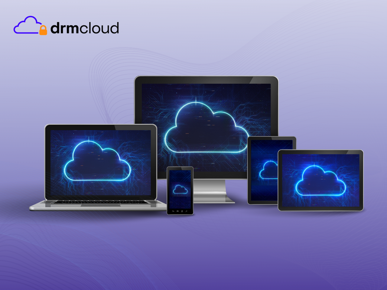 The image shows different devices - a laptop, a smartphone, a tablet etc. - displaying a glowing symbol of cloud.