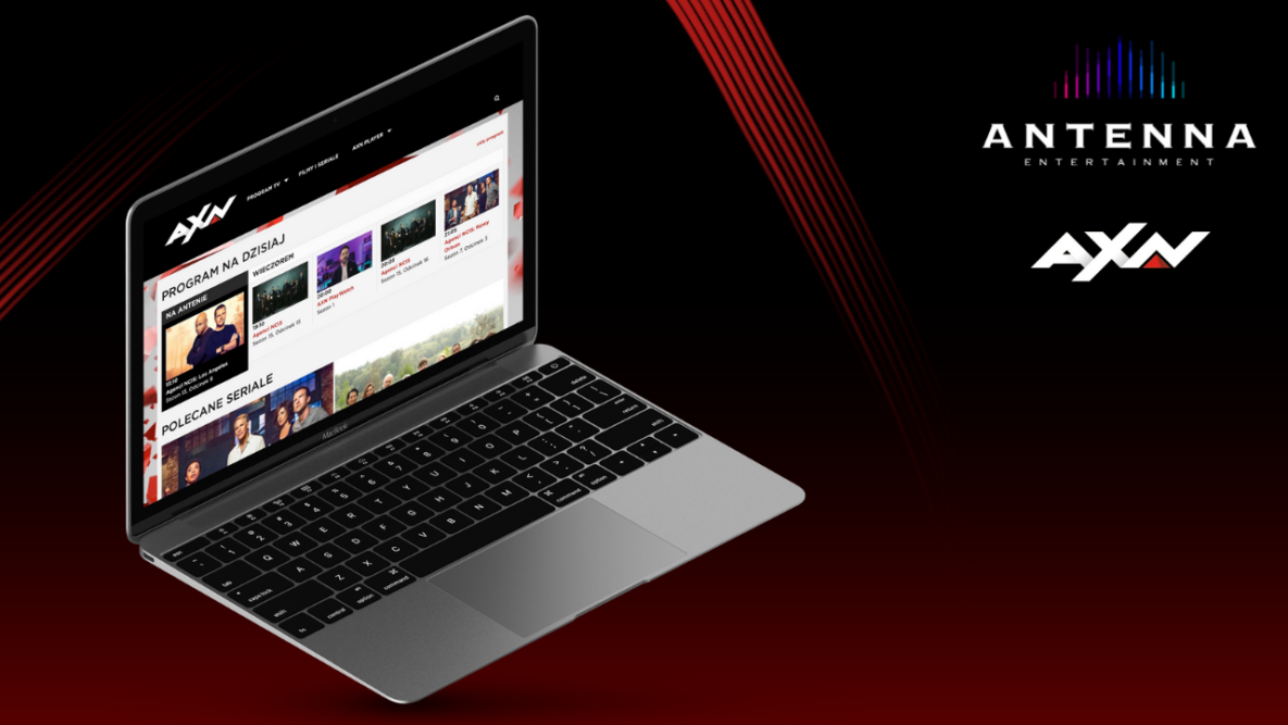 A picture of a laptop with an AXN streaming service open. On the right side of the picture are the logos of Antenna Entertainment and AXN