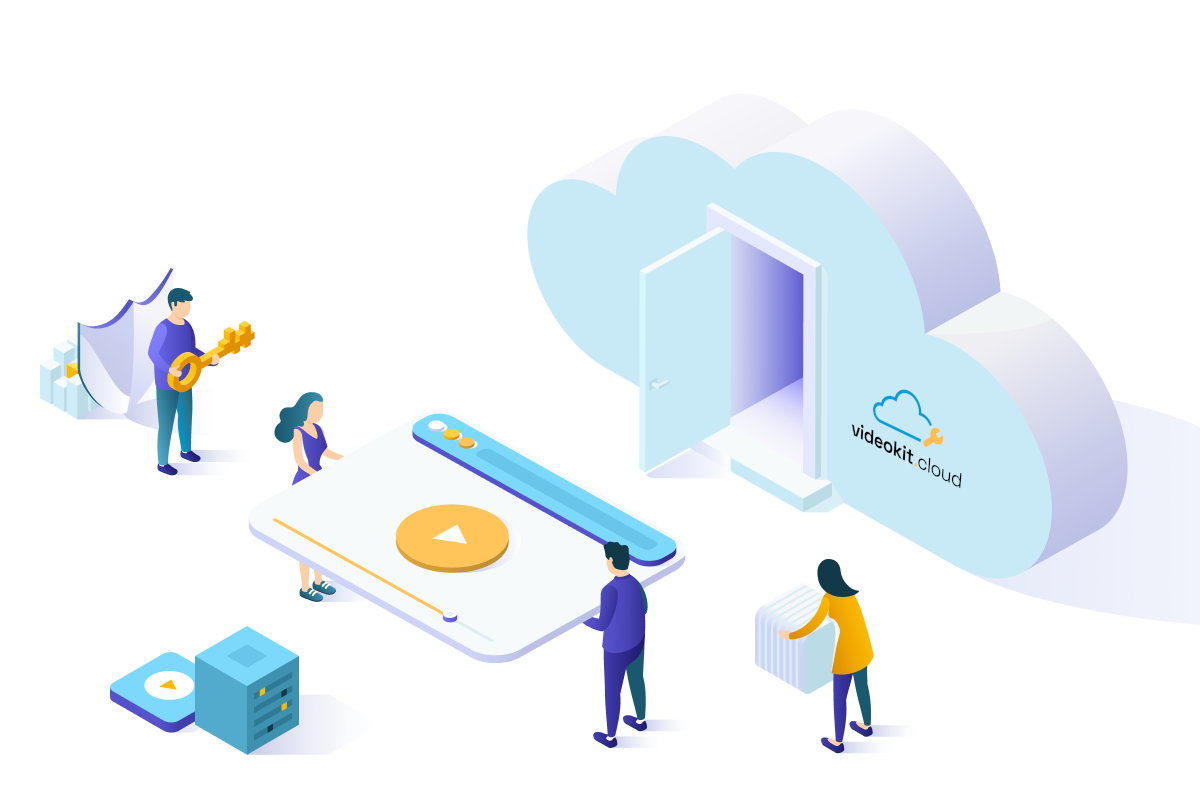 Isometric image of people moving the components of their streaming cloud infrastructure to a cloud with Cloud Video Kit logo